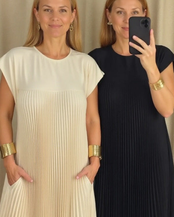 Elegant Black Maxi Dress with Cap Sleeves – Flattering Pleated Design for Women, Perfect for Any Occasion 2