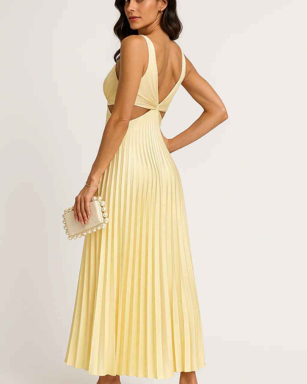 Elegant Pleated Satin Midi Dress in White – Flattering Long Sleeve Design for Versatile Style 5