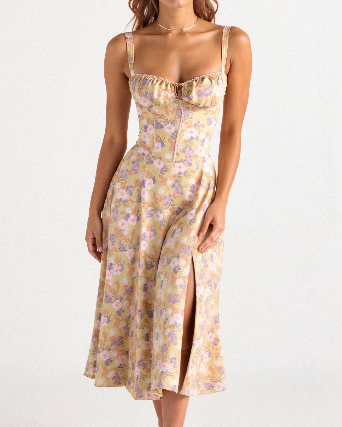 Elegant Women's Midi Dress with Corset Top – Flowy Summer Cocktail Dress for Wedding Guests and Formal Occasions 0