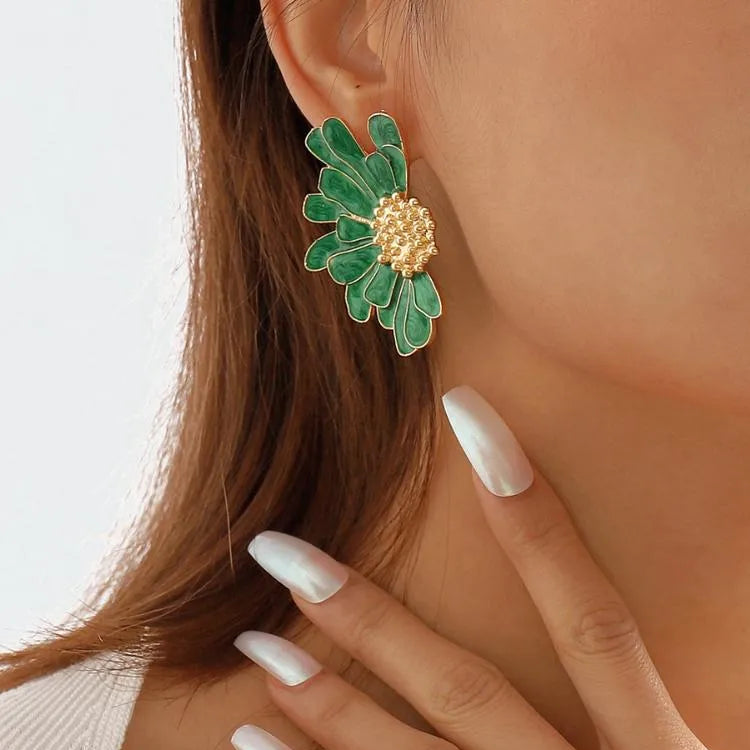 Gold-Tone Demi-Flower Earrings with Green Enamel Petals – Oversized Floral Statement Jewelry 0