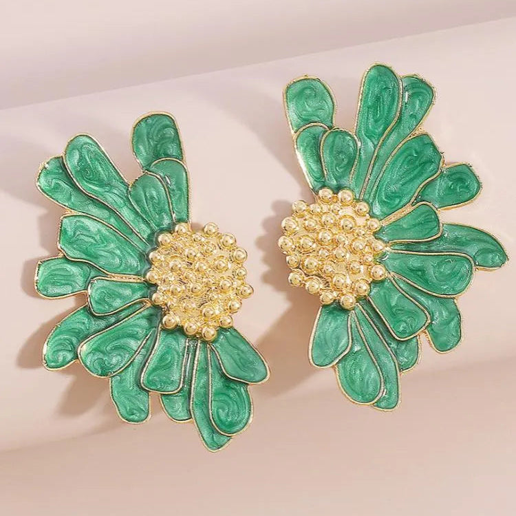 Gold-Tone Demi-Flower Earrings with Green Enamel Petals – Oversized Floral Statement Jewelry 1