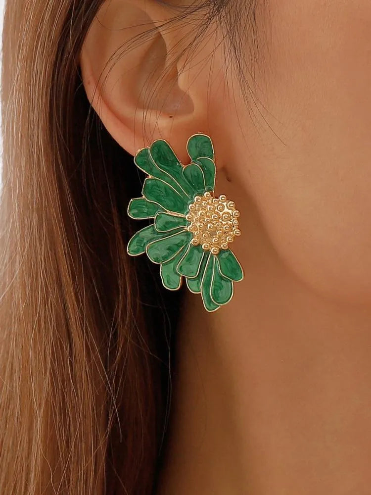 Gold-Tone Demi-Flower Earrings with Green Enamel Petals – Oversized Floral Statement Jewelry 2
