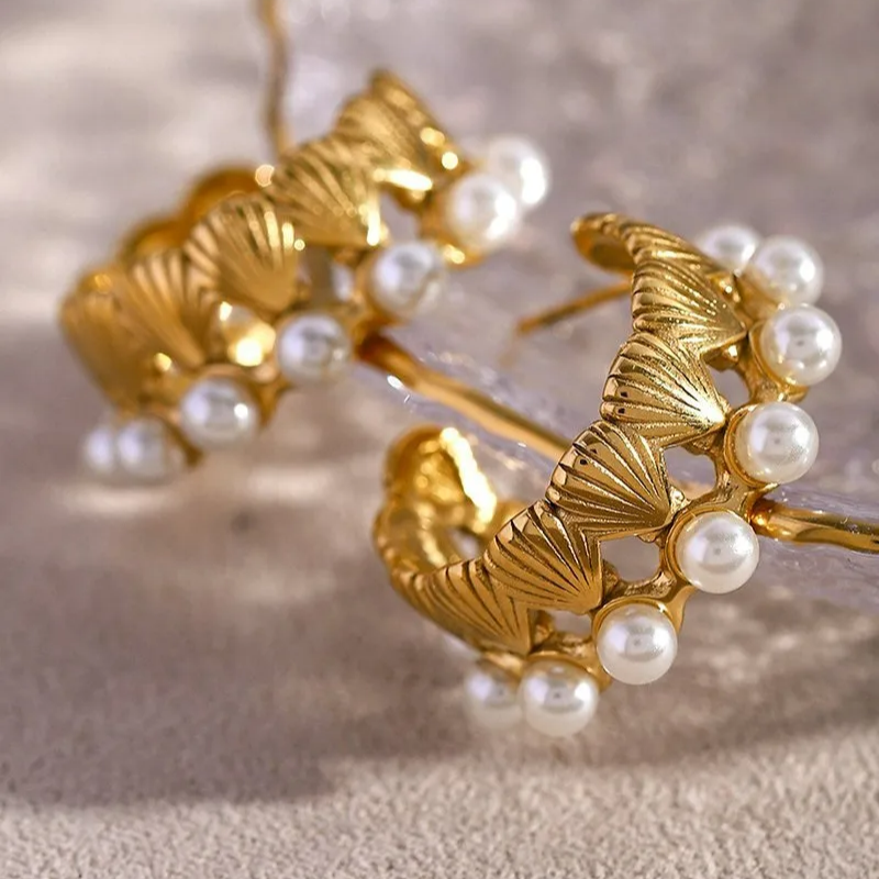 Gold Hoop Earrings with Shell Pearl Accents – Lightweight Elegant Jewelry for Women 0