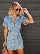 Women's Denim Mini Dress - Stylish Puff Sleeves & Pockets for Summer 1