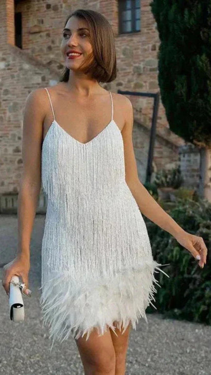 Women's Summer Mini Dress - Sequined & Feather Trim for Cocktail Events 4