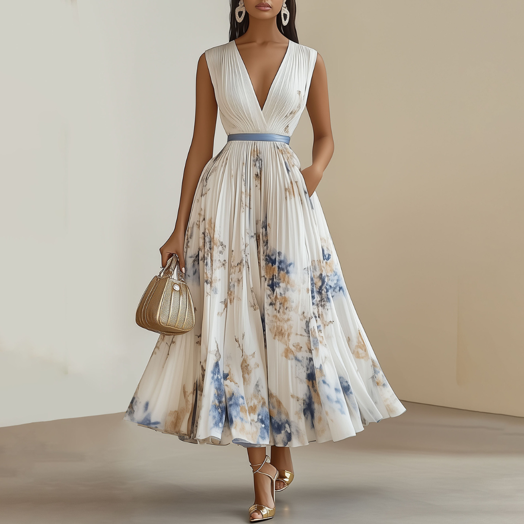 Elegant Blue and White Floral Women's Dress with V-Neckline – Perfect Wedding Guest and Formal Dress 0