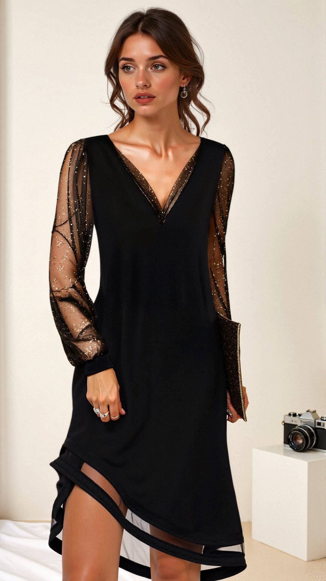 Elegant Matilda Evening Dress with Sheer Sleeves – Flattering Semi Formal Gown in Soft Fabric 1