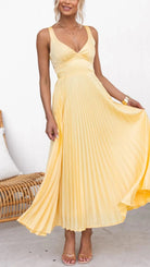 Elegant Yellow Pleated V-Neck Maxi Dress with Adjustable Straps - Formal Summer Dress for Special Occasions 0