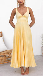 Elegant Yellow Pleated V-Neck Maxi Dress with Adjustable Straps - Formal Summer Dress for Special Occasions 1