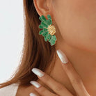 Gold-Tone Demi-Flower Earrings with Green Enamel Petals – Oversized Floral Statement Jewelry 0