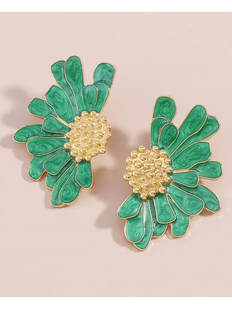 Gold-Tone Demi-Flower Earrings with Green Enamel Petals – Oversized Floral Statement Jewelry 3