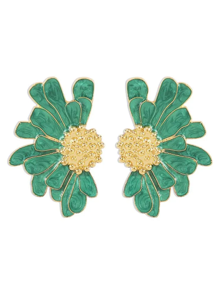 Gold-Tone Demi-Flower Earrings with Green Enamel Petals – Oversized Floral Statement Jewelry 4