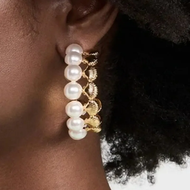 Gold Hoop Earrings with Shell Pearl Accents – Lightweight Elegant Jewelry for Women 1