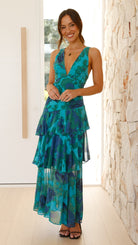 Turquoise Floral Maxi Dress for Women with Deep V-Neck and Tiered Ruffle Skirt – Lightweight Long Dress 4