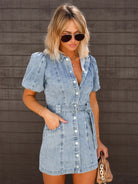 Women's Denim Mini Dress - Stylish Puff Sleeves & Pockets for Summer 2